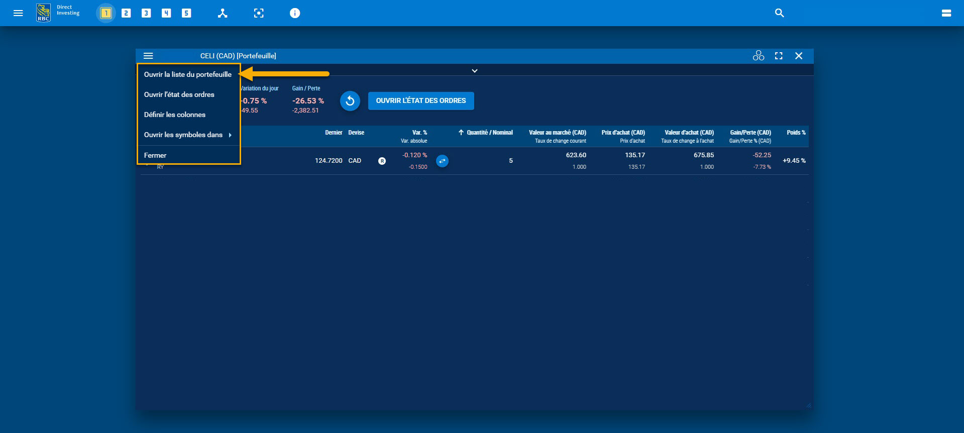 Capture d’écran avec le bouton Ouvrir la liste des portefeuilles en surbrillance dans le menu du